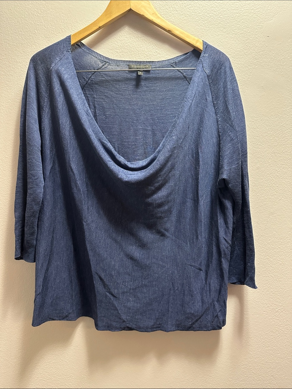 Eileen Fisher Woman Blue Silk Linen Cowl Neck Lightweight 3/4 Sleeve Top SZ M